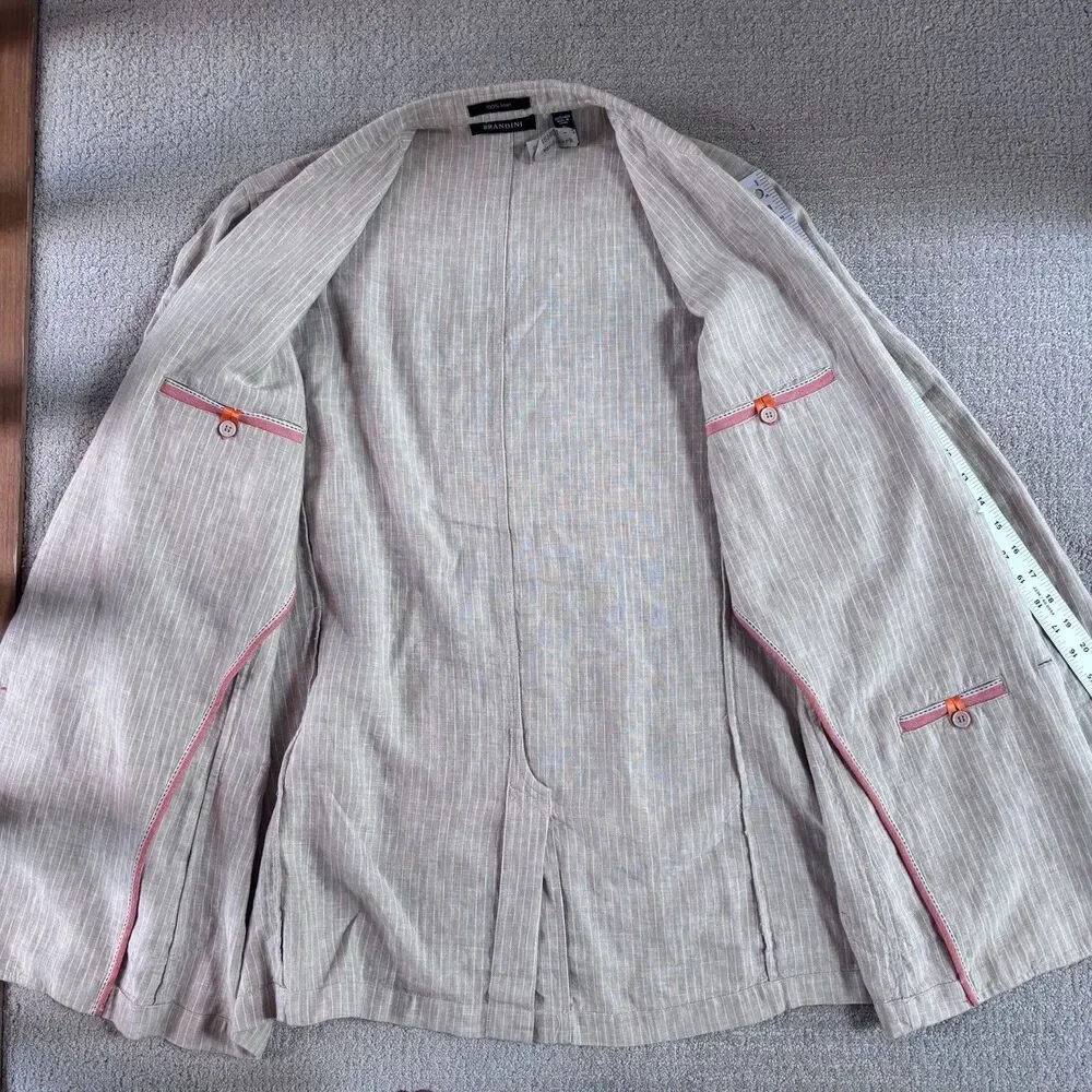 VTG Brandini Men's XL Linen Striped Sport Coat Blazer Jacket Beige Coastal Prep